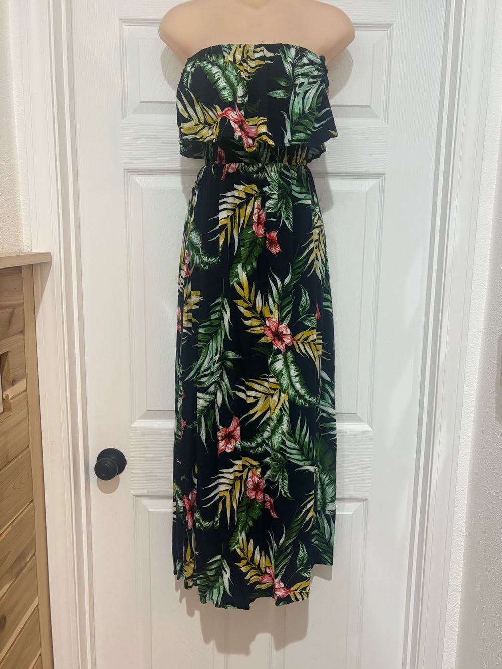 FAVLUX Strapless Tropical Maxi Dress with Green & Pink Print